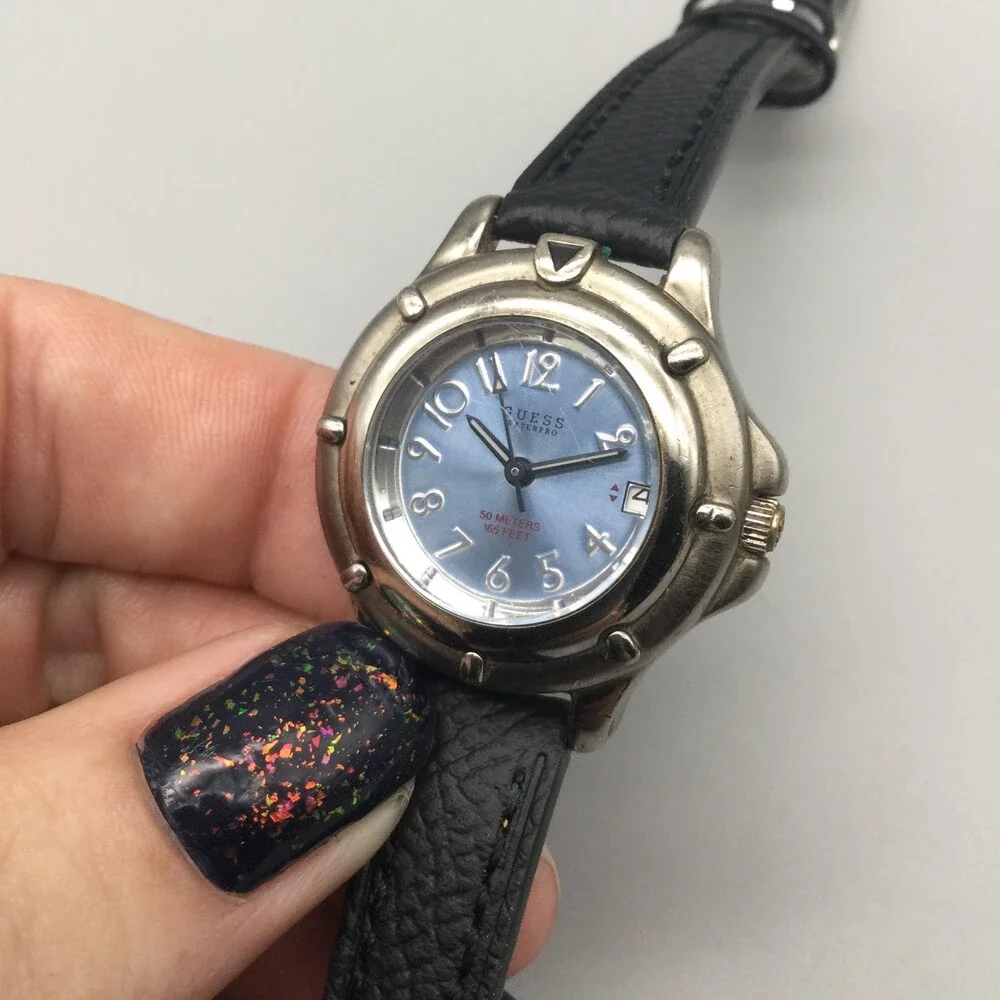Guess Waterpro Womens Watch 28mm Blue Dial Black Leather 50M New Battery